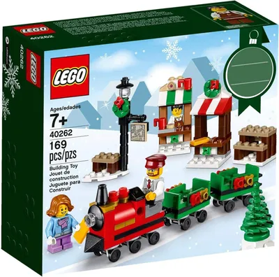 A LEGO set box depicting a Christmas-themed train and village scene.