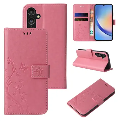 Collage of a pink floral butterfly embossed flip phone case for a Samsung Galaxy A15 / A15 5G, showing different angles and features.