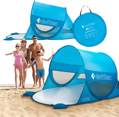 Image de Outtec® Tente de plage avec protection UV - Tente Pop Up, protection solaire de plage, protection contre le vent, tente de plage avec sacs de sable - pour bébés, enfants et adultes