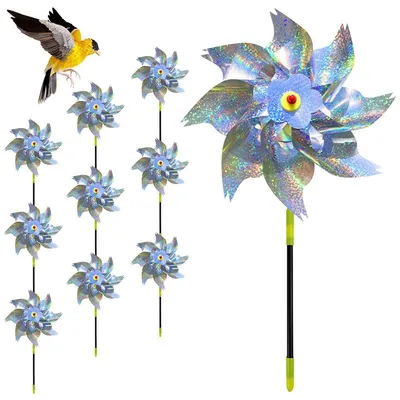 Produktbild von Taubenabwehr Windmühlen 10 Stück - Reflektierende Vogelschreck Gartenstecker - Vogelabwehr für Balkon, Terrasse & Obstgarten - 24 x 51 cm - Stil 2