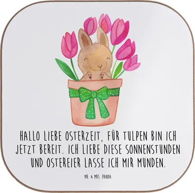 Produktbild von Mr. & Mrs. Panda Untersetzer für Gläser Hase Tulpen - Weiß - Geschenk, Alternative zu Blumen, Ostern, Ostergeschenk, Holzuntersetzer, Blumenstrauß, Glas, weinuntersetzer