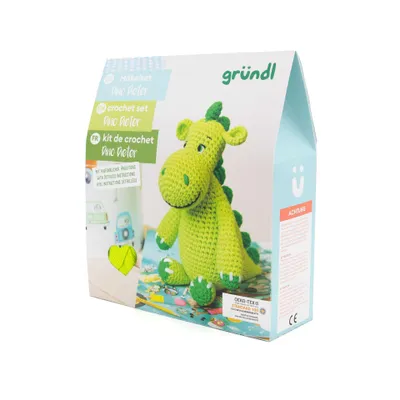 Produktbild von Gründl Häkelset kpl. Waschbär, Lama, Faultier oder Dino, alles dabei Set 4 Dino Dieter