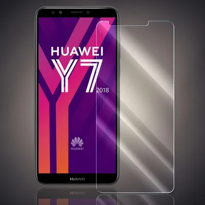 A screen protector is shown next to a Huawei Y7 2018 smartphone.