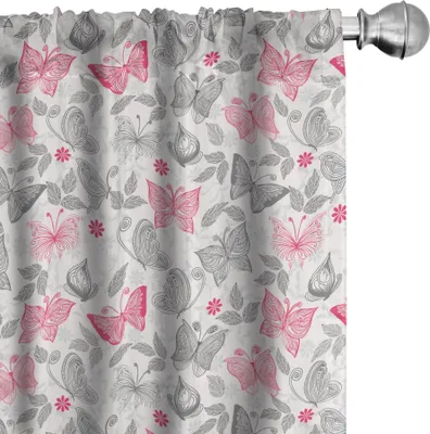 Produktbild von ABAKUHAUS Schmetterling Vorhänge, Gardinen, Skizzen-Art-Tier-Blatt-abstrakte Natur-Wiedergabe-romantische Wirbels-Linien, 2 Stück 75 x 245 cm, Weiß Grau Rosa