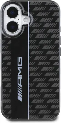 A black iPhone case with a carbon fiber pattern and the AMG logo.