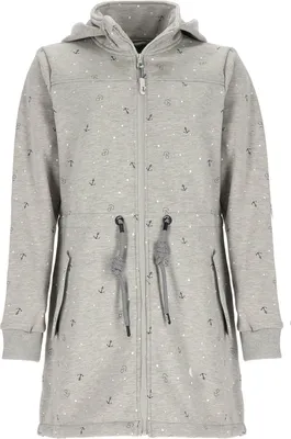 Produktbild von Leitfeuer Damen Fleecemantel mit Allover-Print und Polarfleece-Innenseite - Fleecejacke mit Stehkragen und Kapuze in Hellgrau Größe XL