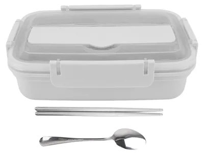 Immagine prodotto di Contenitore per il pranzo, con 3 scomparti, realizzato in acciaio inossidabile 304 e plastica, completo di cucchiaio e bacchette, ideale per l'ufficio, colore bianco