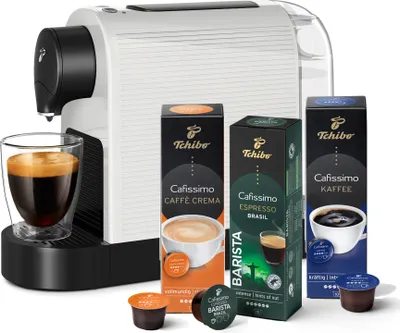 Produktbild von Tchibo Cafissimo „Pure plus“ Kaffeemaschine Kapselmaschine inkl. 30 Kapseln für Caffè Crema, Espresso und Kaffee, 0,8l, 1250 Watt, Weiß