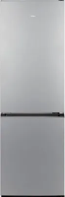 A silver refrigerator with a black handle strip.
