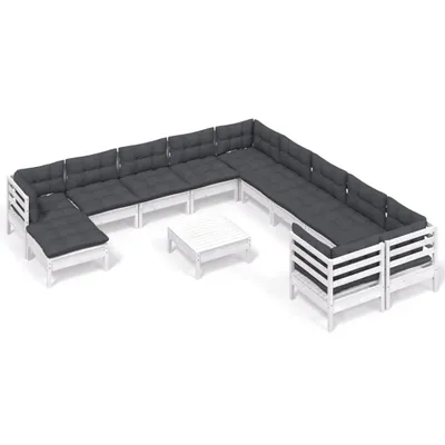 Produktbild von 12-tlg. Garten-Lounge-Set mit Kissen Weiß Kiefernholz