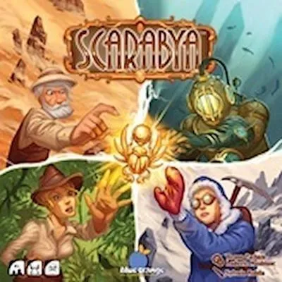 The image is a collage showing four different scenes related to exploration and discovery, with a central golden scarab artifact.