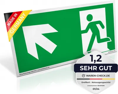 Produktbild von Schild Notausgang | 297x148 | links schräg aufwärts