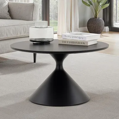 Produktbild von Couchtisch ISOMA rund Ø70cm, Schwarz – moderner Wohnzimmertisch mit MDF-Holzdekor und stabilem Metallgestell mit Pulverbeschichtung ideal als Beistelltisch für Sofa oder Lounge