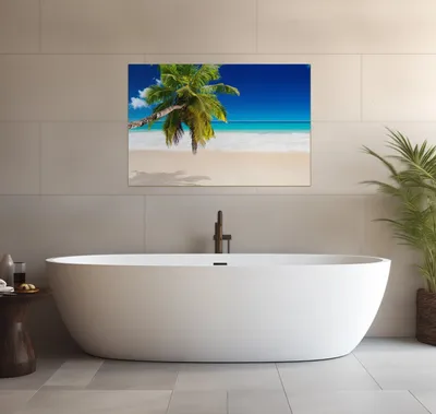 Produktbild von Wallario wasserfestes Poster selbstklebend 91,50 x 61 cm, Südseestrand in der Karibik mit Palme, Badezimmerposter Spritzschutz mit Hochglanzoberfläche in Glasoptik