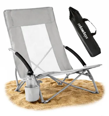 Produktbild von Relaxdays Strandstuhl faltbar, Tasche, Getränkehalter, 135 kg, Mesh-Design, leichter Klappstuhl, Polyester, Metall, grau
