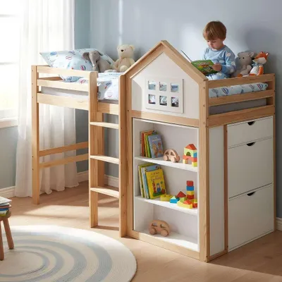 Produktbild von Kinder Hochbett mit Stauraum, Schubladen & Sicherheitsgeländer, Kiefer + MDF + Sperrholz, Weiß/Natur, 90 x 200 cm