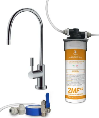 Image de Kit complet de filtration d'eau Bellerofonte à encastrer sous l'évier avec robinet unidirectionnel, filtre Swan 2MF AG avec charbon actif, ions argent, accessoires de montage