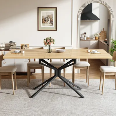 Image de Table extensible pour 4 à 6 personnes, table de cuisine/salle à manger avec structure métallique, table rectangulaire de 120/160 x 90 cm, en chêne