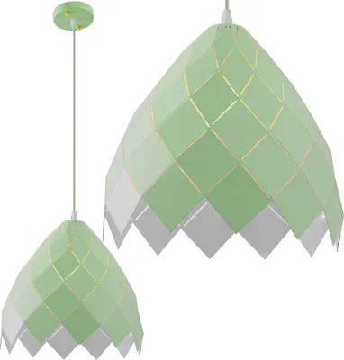 Two green pendant lamps with a geometric design against a white background.