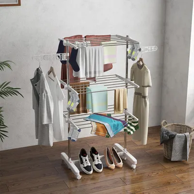 Produktbild von Wäscheständer mit Rollen 3 Ebenen klappbar Wäschetrockner Standtrockner 80-142 x 55 x 152 cm Silber + Weiß