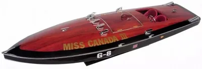 Produktbild von Casa Padrino Luxus Deko Speedboot Miss Canada mit Massivholz Ständer 87 x 28 x H. 26 cm - Handgefertigtes Deko Boot - Holzboot - Modellboot - Rennboot - Luxus Deko Accessoires