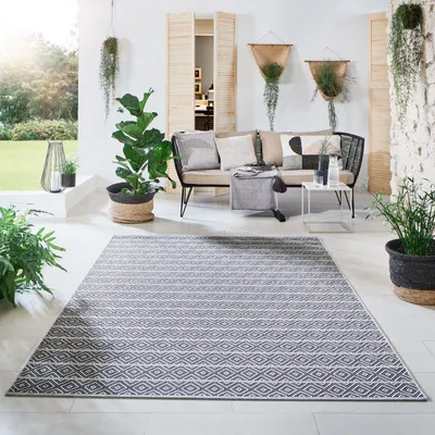 Produktbild von Steffensmeier Indoor Outdoor Teppich Öland Balkon Terrasse Küche Garten wasserfest Kunststoff, strapazierfähig , Streifen Grau Anthrazit 160x230 cm