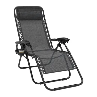 Image de JOIEYOU Chaise longue pliante, Chaise longue de jardin extra large 64cm Dossier réglable avec porte-boisson & coussin, Pliable Chaise longue jusqu'à 120kg Portable pour Extérieur Camping Balcon (Noir)