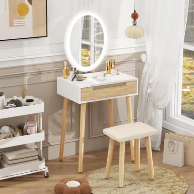 Productafbeelding van Puluomis make-up tafel met LED-verlichting en spiegel, make-up tafel/kaptafel met beklede stoel en lades, 3 lichtstanden, houtkleur