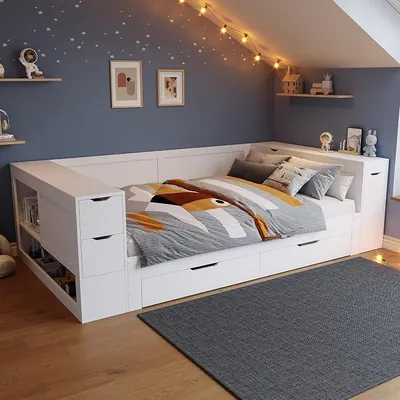 Zdjęcie produktu dla Łóżko z drewna, łóżeczko dziecięce, łóżko z pojemnikiem 140x200 cm, kanapa, wielofunkcyjne łóżko z pojemnikiem, wyposażone w szuflady, półki i szafki, z stolikami nocnymi, odpowiednie dla młodzieży, bez materaca, kolor biały.