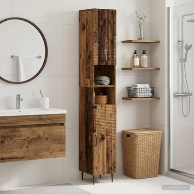 Image de Meuble de salle de bain exclusif - Armoire avec étagère ouverte, bois vieilli, modèle HAARLEM