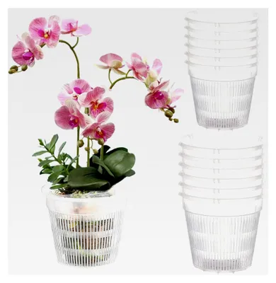 Produktbild von Orchideentöpfe mit Löchern, 12 Stück, 14 cm & 10,9 cm, transparente Pflanzgefäße für drinnen und draußen
