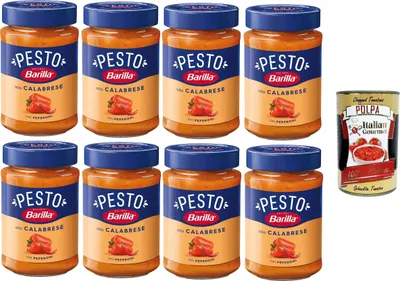 Produktbild von Barilla Pesto Alla Calabrese con Peperoni Condimento e Sugo per Pasta Kalabrisches Pesto mit Paprikagewürz und Pastasauce 8x190gr + Italian Gourmet polpa 400g