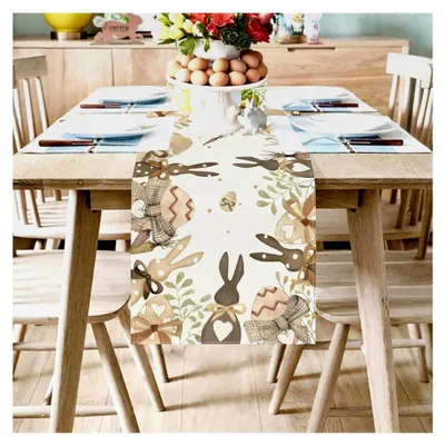 Produktbild von Osterdeko Hase Osterei Tischläufer, 33x183cm Waschbar Leinen Saisonal Frühling Küche Esstisch Dekoration für Drinnen Draußen Urlaub Party Wohnzimmer