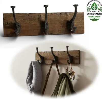 Produktbild von LS-LebenStil Vintage Wand-Garderobe 38cm ️Teak Holz 3/6 Haken Braun Garderoben-Leiste Kleider-Haken Haken-Leiste Garderobenpaneel Jacken-Halter
