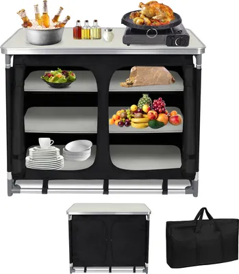 Image de LZQ Cuisine de camping Pliable Armoires de camping avec châssis en aluminium 100x50x80cm Cuisine de voyage Outdoor Cuisine de camping Boîte de cuisine incl. sac de transport