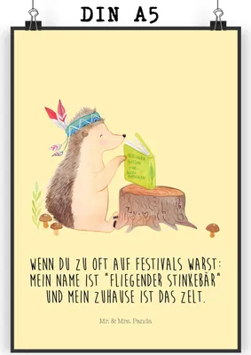 Produktbild von Mr. & Mrs. Panda Bild Igel Federschmuck DIN A5 - Gelb Pastell - Geschenk, Wanddekoration, Lagerfeuer, Plakat, drucke, Abenteuer, wanddeko, Wandbild, Camping, Tiere