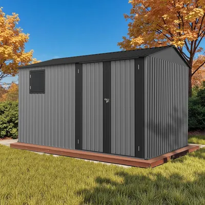 Produktbild von HOMAVO Gerätehaus Metall mit Pultdach, Gartenhaus Metall mit Fundament, 366.1 ×237× 212.3 cm, ideal für Garten, Terrasse oder Rasen