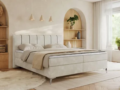 Produktbild von MKS MEBLE Polsterbett, Doppelbett DRINEA auf Metallbeinen, Boxspringbett, zwei Bettkästen, Set mit Bonell-Matratzen und Topper, gepolstertes Kopfteil - 160 x 200 cm - H3 - Hellbeige Velours