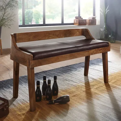 Produktbild von WOHNLING Sitzbank Echtleder / Massivholz Bank 108x63x43 cm Polsterbank mit Rückenlehne Bank Flur Schlafzimmer Braun Kleine Bettbank Leder