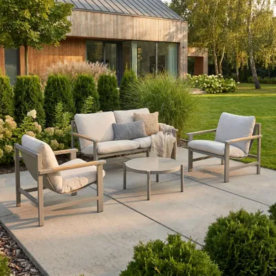 Produktbild von BEAUTYSOFA | ASPEN Gartenmöbel Set Grau – Lounge Set mit 2 Sesseln, 2-Sitzer Sofa & Couchtisch, Aluminium Gartenmöbel, Terrassenmöbel mit Glasplatte