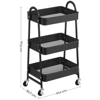 A black three-tier rolling cart with dimensions indicated.