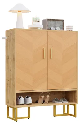 Image de Armoire à chaussures étroite à 2 portes au design luxueux, meuble à chaussures moderne en bois avec cadre en fer doré et compartiment inférieur ouvert, idéale pour l'entrée et le couloir