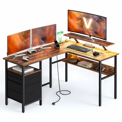 Produktbild von VASAGLE Schreibtisch, L-förmiger, mit Steckdosen, LED-Beleuchtung, USB-Anschlüsse