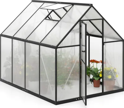 A greenhouse with plants inside, shown from a slightly elevated, diagonal angle.