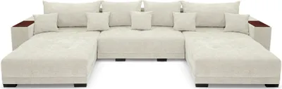 Produktbild von Allen U Ecksofa 360 x 185 cm, Sofa mit Schlaffunktion, Holzablage und Kissen, Ecksofa mit Bettkasten, U-Form für Wohnzimmer in zartes Beige
