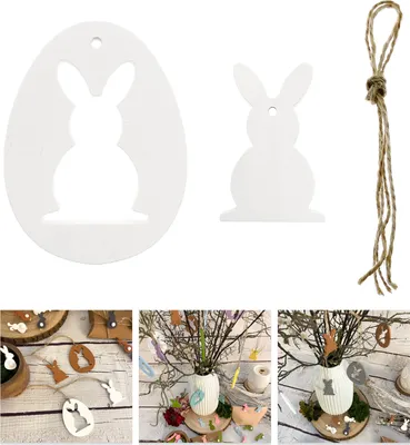 Produktbild von Oblique Unique Holz Osterei und Osterhase Anhänger Hängedeko für Osterstrauß Deko aus Echtholz für Ostern Basteln - weiß