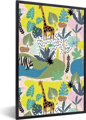 Produktbild von MuchoWow® MuchoWow® Gerahmtes Poster Dschungel - Muster - Tiere - Pflanzen 20x30 cm - Poster mit zchwarzem Bilderrahmen - Drucken - Bilder Poster im Rahmen