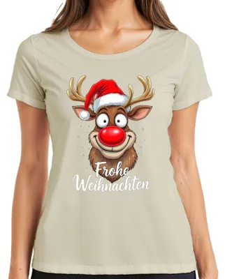 Productafbeelding van Vrolijke Kerst. Grappig rendier Rudolf. Kerstmuts. Dames T-shirt, natuurlijke kleur, maat M