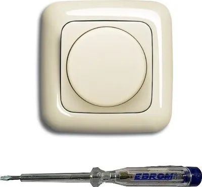 Produktbild von Busch Jäger 6523U-102 LED-Drehdimmer LED-Dimmer mit Dimmerscheibe Zentralplatte 2115-212 und Einfachrahmen in DURO2000 cremeweiß glänzend inklusive EBROM Phasenprüfer zur Montage des Dimmers