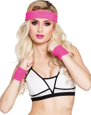 Produktbild von 80er Stirnband mit Schweißbändern Set neon-pink